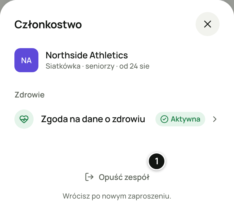 Panel „Członkostwo” w przeglądarce telefonu: Northside Athletics z linią „Siatkówka · seniorzy · od …”, w części „Zdrowie” wiersz „Zgoda na dane o zdrowiu · Aktywna”, a na dole „Opuść zespół” z dopiskiem „Wrócisz po nowym zaproszeniu.”. Numer 1 objaśnia lista pod zrzutem.