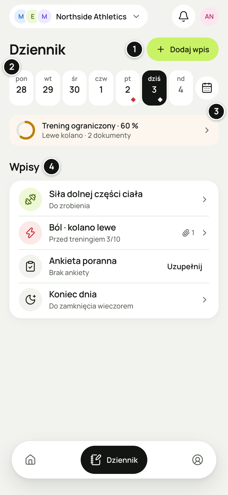 Dziennik zawodnika w przeglądarce telefonu: przycisk „Dodaj wpis”, pasek dni ze znacznikiem bólu, wiersz urazu „Trening ograniczony · 60 %” z „Lewe kolano · 2 dokumenty” i wpisy dnia — trening „Siła dolnej części ciała” do zrobienia, „Ból · kolano lewe” z jednym plikiem, „Ankieta poranna” z „Uzupełnij” i „Koniec dnia · Do zamknięcia wieczorem”. Numery 1–4 objaśnia lista pod zrzutem.