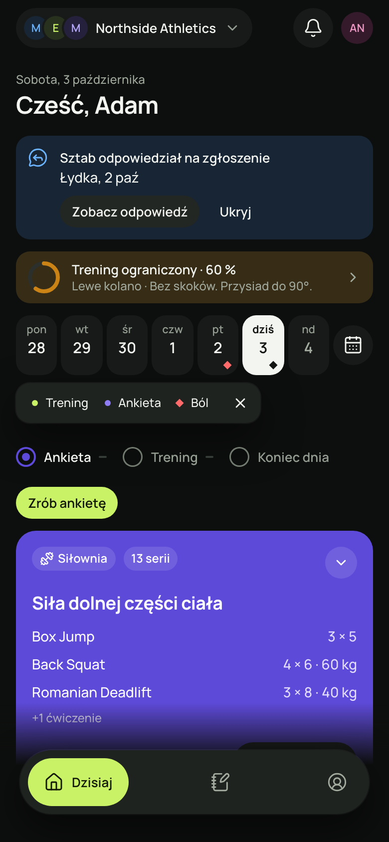 Dzisiaj zawodnika w przeglądarce telefonu w motywie ciemnym.
