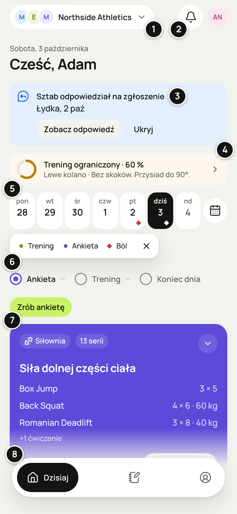 Dzisiaj zawodnika w przeglądarce telefonu: pigułka Northside Athletics z avatarami sztabu, dzwonek i avatar, „Cześć, Adam”, informacja „Sztab odpowiedział na zgłoszenie” (Łydka) z „Zobacz odpowiedź” i „Ukryj”, wiersz urazu „Trening ograniczony · 60 %” z zaleceniem, pasek dni z objaśnieniem znaczników, kroki Ankieta · Trening · Koniec dnia z „Zrób ankietę”, fioletowa karta planu „Siła dolnej części ciała” i pływający pasek Dzisiaj · Dziennik · Konto. Numery 1–8 objaśnia lista pod zrzutem.
