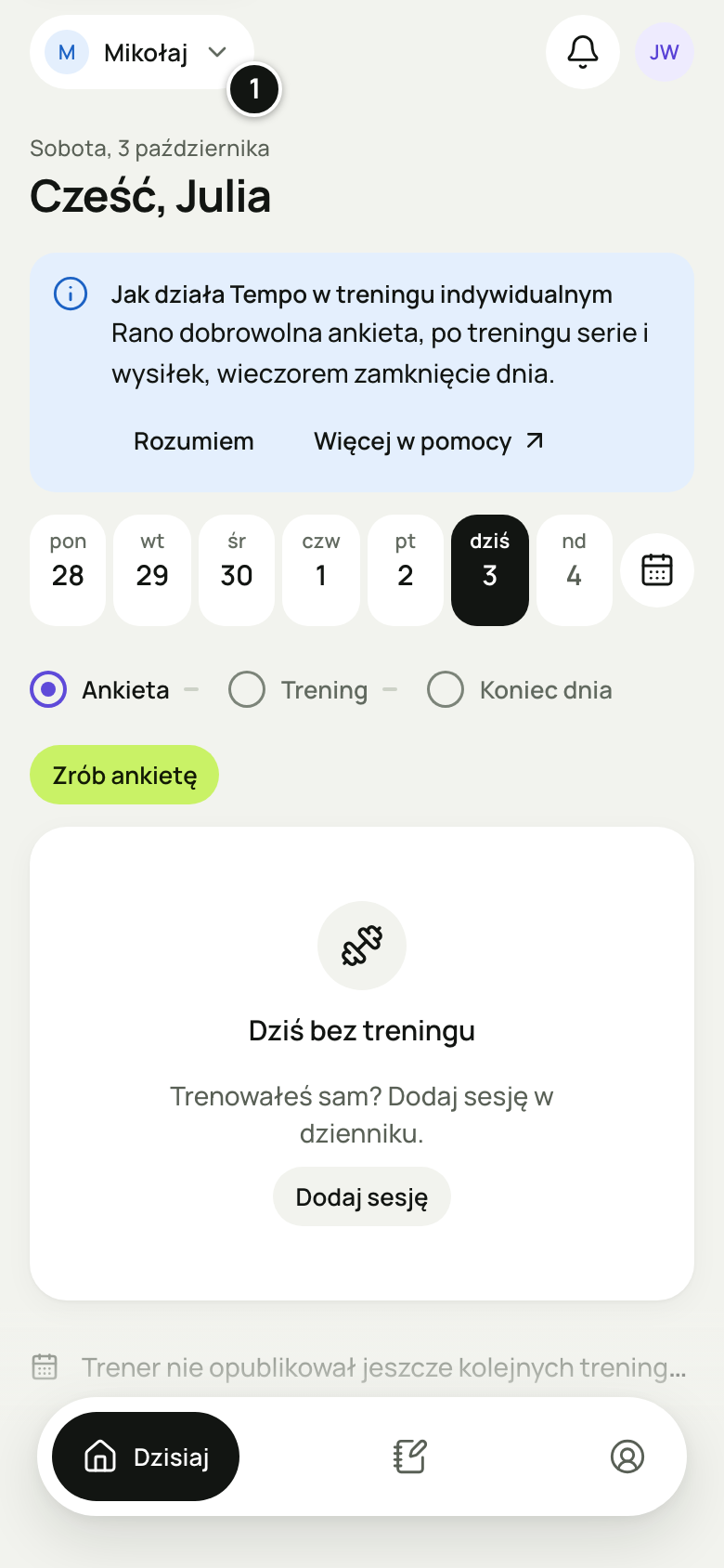 Dzisiaj podopiecznej w treningu indywidualnym w przeglądarce telefonu: w pigułce imię trenera Mikołaj zamiast nazwy zespołu, wprowadzenie „Jak działa Tempo w treningu indywidualnym” i „Dziś bez treningu”. Numer 1 objaśnia lista pod zrzutem.