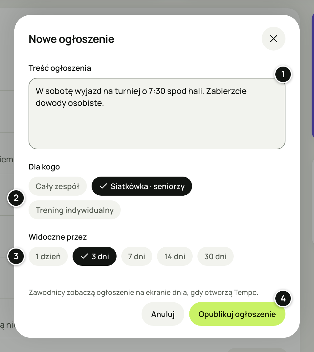 Okno „Nowe ogłoszenie”: treść o sobotnim wyjeździe, „Dla kogo” z wybraną grupą Siatkówka · seniorzy, „Widoczne przez” 3 dni oraz przyciski „Anuluj” i „Opublikuj ogłoszenie”. Numery 1–4 objaśnia lista pod zrzutem.