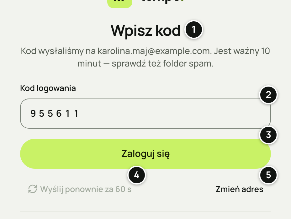 Drugi krok logowania w panelu w przeglądarce po wysłaniu kodu na karolina.maj@example.com: „Wpisz kod”, pole „Kod logowania” z sześcioma cyframi, przycisk „Zaloguj się”, „Wyślij ponownie za … s” i „Zmień adres”. Numery 1–5 objaśnia lista pod zrzutem.