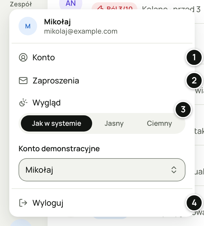 Menu „Twoje konto” pod avatarem: Konto, Zaproszenia, Wygląd z wyborem Jak w systemie, Jasny i Ciemny oraz Wyloguj. Numery 1–4 objaśnia lista pod zrzutem.