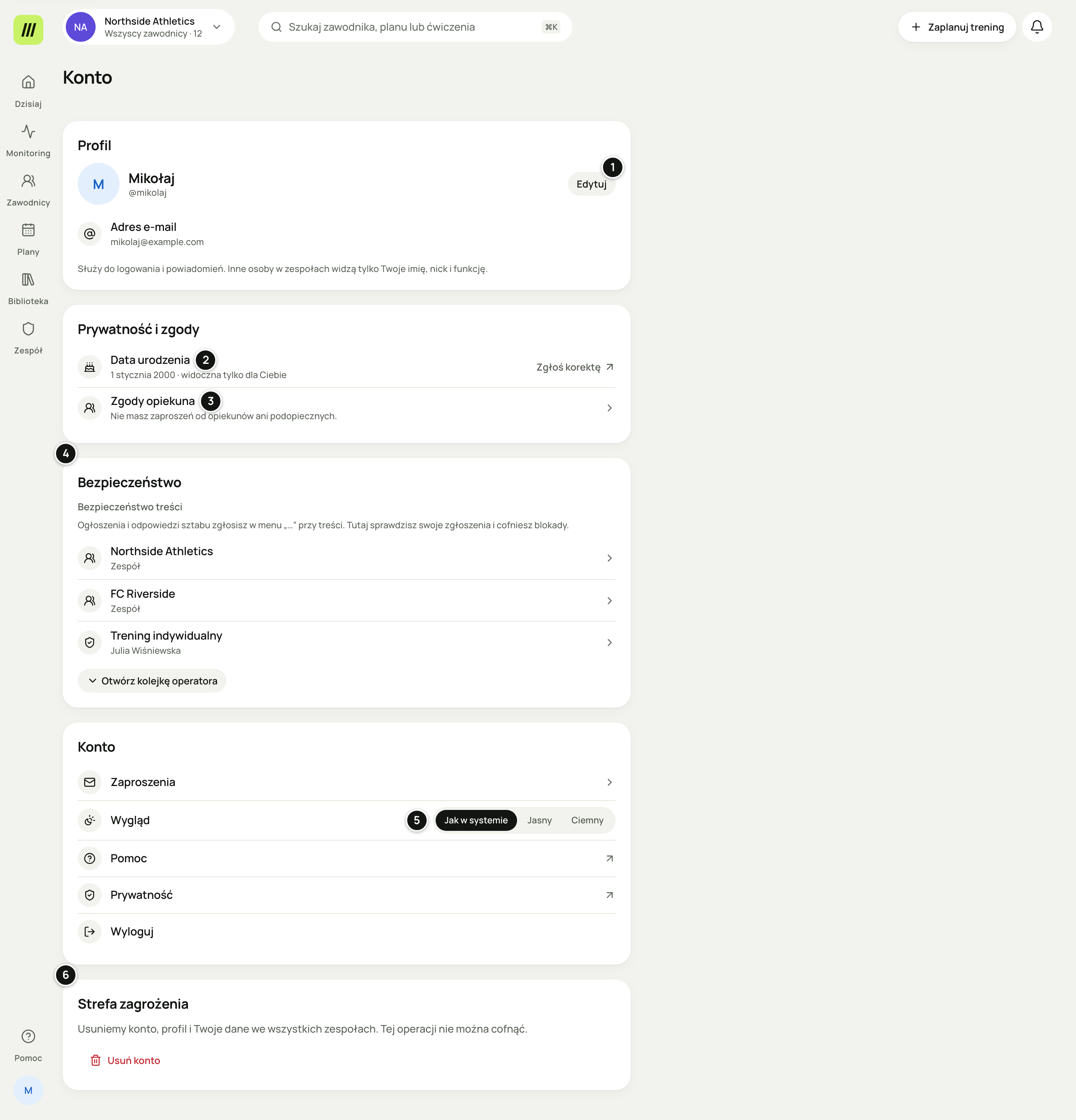 Strona Konto trenera Mikołaja: Profil z adresem e-mail i przyciskiem „Edytuj”, Prywatność i zgody z datą urodzenia i Zgodami opiekuna, Bezpieczeństwo z listą zespołów, Konto z Zaproszeniami, Wyglądem, Pomocą, Prywatnością i Wyloguj oraz Strefa zagrożenia z „Usuń konto”. Numery 1–6 objaśnia lista pod zrzutem.