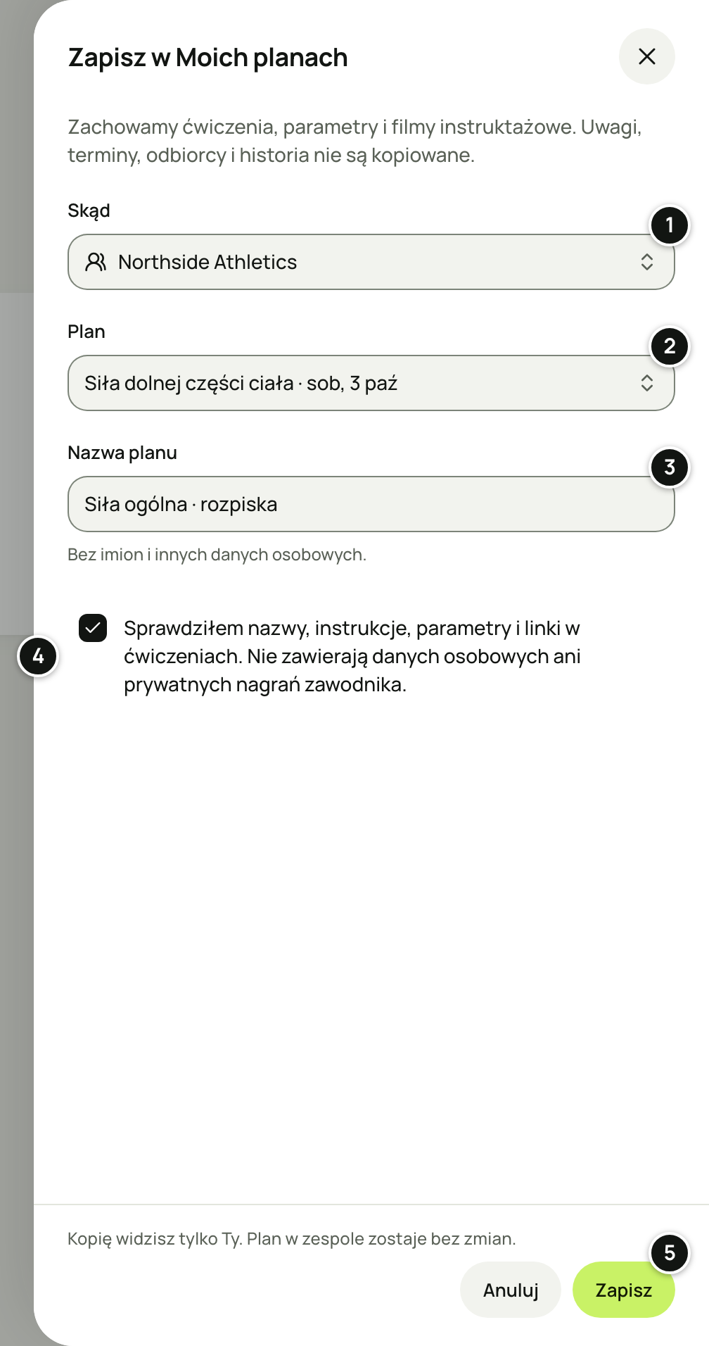 Panel „Zapisz w Moich planach”: pola Skąd, Plan i Nazwa planu, potwierdzenie, że plan nie zawiera danych osobowych, i przycisk „Zapisz”. Numery 1–5 objaśnia lista pod zrzutem.