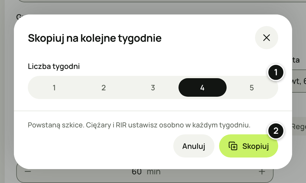 Okno „Skopiuj na kolejne tygodnie”: liczba tygodni 1–5 z wybraną czwórką, dopisek „Powstaną szkice. Ciężary i RIR ustawisz osobno w każdym tygodniu.” oraz przyciski „Anuluj” i „Skopiuj”. Numery 1–2 objaśnia lista pod zrzutem.