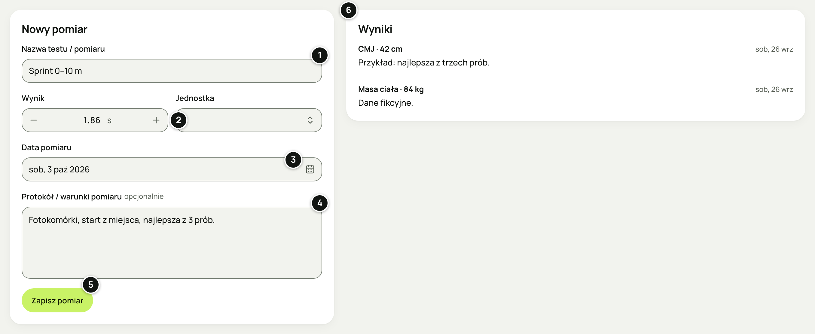 Część „Testy” w Dzienniku Michała Wójcika: „Nowy pomiar” ze „Sprint 0–10 m”, wynikiem 1,86 s, datą pomiaru i protokołem z fotokomórkami oraz „Wyniki” z CMJ 42 cm i masą ciała 84 kg. Numery 1–6 objaśnia lista pod zrzutem.