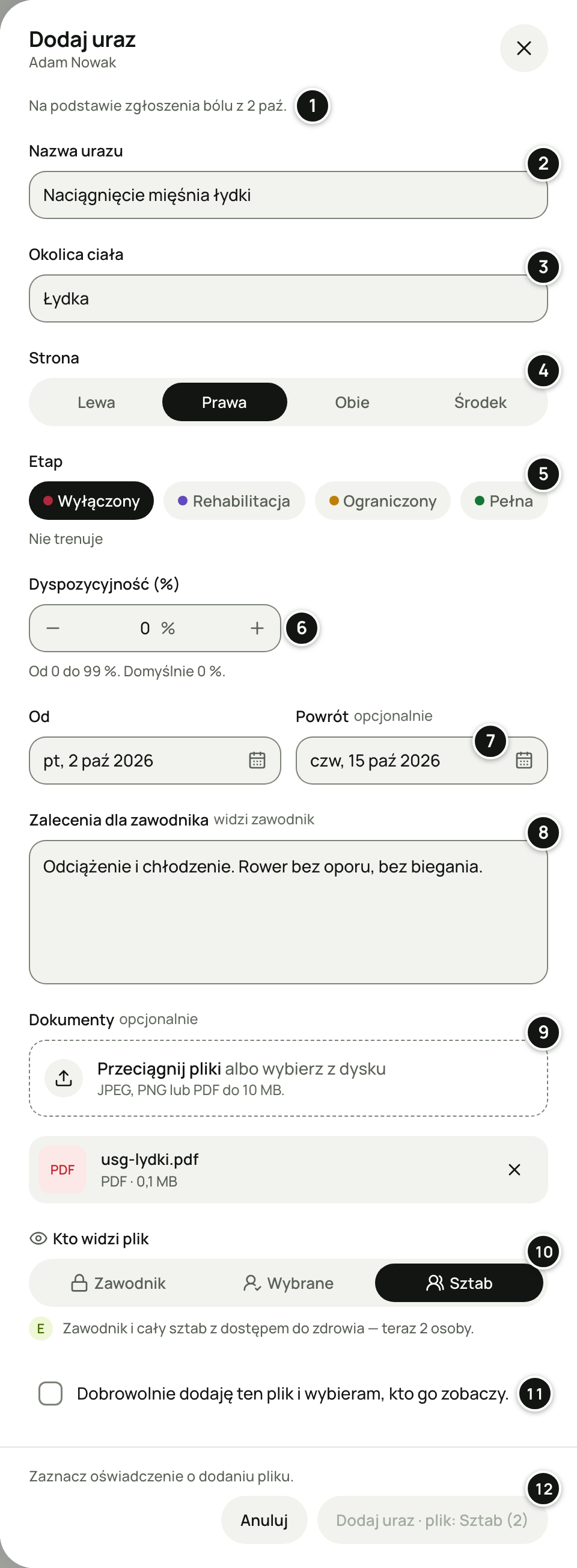 Panel boczny „Dodaj uraz” Adama Nowaka otwarty ze zgłoszenia bólu z 2 paź: „Naciągnięcie mięśnia łydki”, „Łydka”, strona „Prawa”, etap „Wyłączony”, 0&nbsp;%, od pt, 2 paź 2026, powrót czw, 15 paź 2026, zalecenia, plik usg-lydki.pdf, „Kto widzi plik” z wybranym „Sztab”, niezaznaczone oświadczenie i nieaktywny „Dodaj uraz · plik: Sztab (2)”. Numery 1–12 objaśnia lista pod zrzutem.