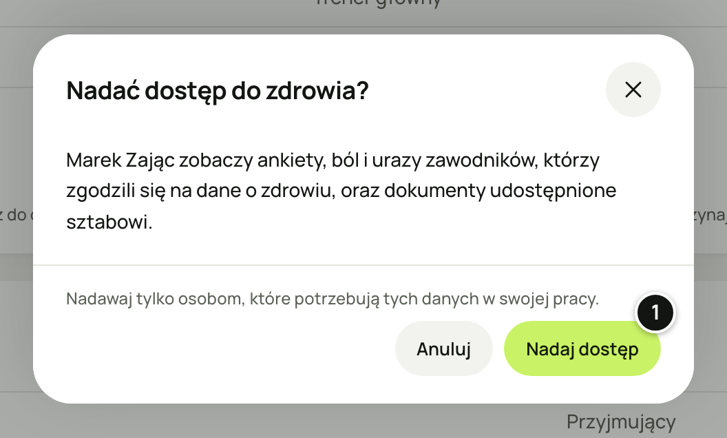 Okno „Nadać dostęp do zdrowia?”: „Marek Zając zobaczy ankiety, ból i urazy zawodników, którzy zgodzili się na dane o zdrowiu, oraz dokumenty udostępnione sztabowi.”, dopisek „Nadawaj tylko osobom, które potrzebują tych danych w swojej pracy.” i przyciski „Anuluj” oraz „Nadaj dostęp”. Numer 1 objaśnia lista pod zrzutem.